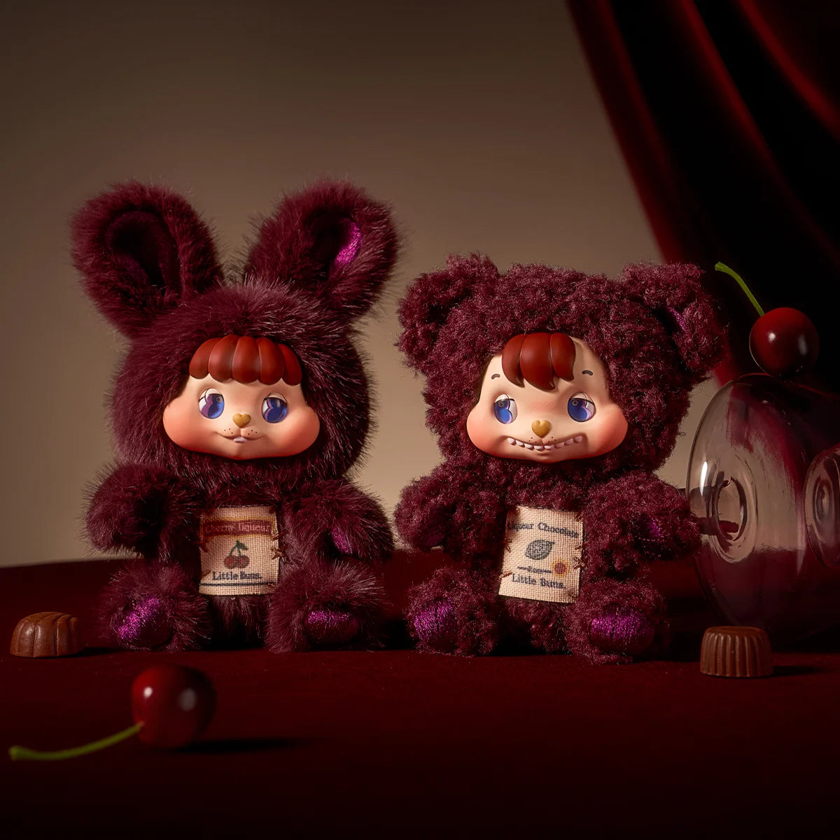 Liqueur Chocolate maroon Bunny Bing and Bear Face pair with cherries and label tags, Little Buns