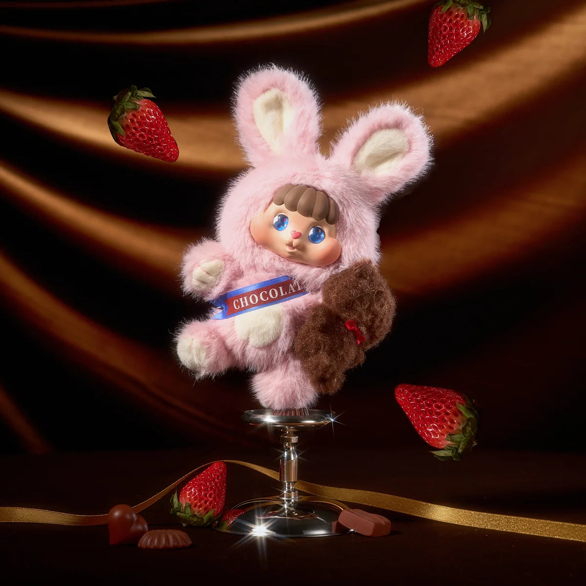 Pink strawberry Bunny Bing in CHOCOLAT sash with chocolate bear among strawberries, Little Buns secret