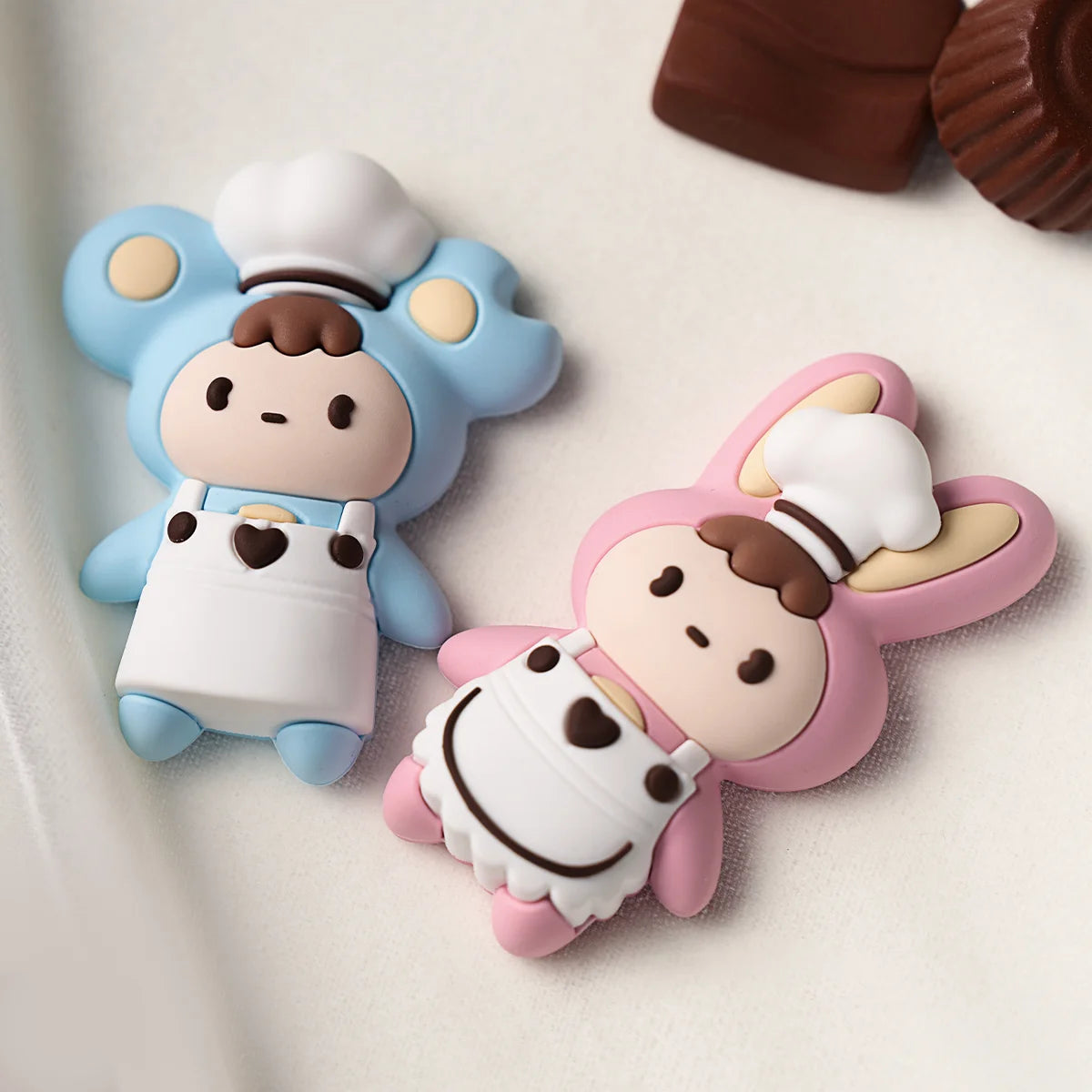 Blue bear and pink bunny chef Little Buns fridge magnets in aprons, Melting Together magnet blind box