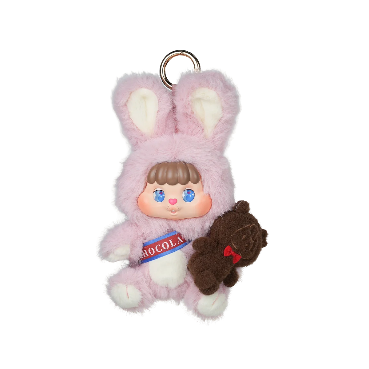 Melting in Hand secret: pink strawberry Bunny Bing in CHOCOLAT sash holding a chocolate Bear Face, Little Buns by 52TOYS