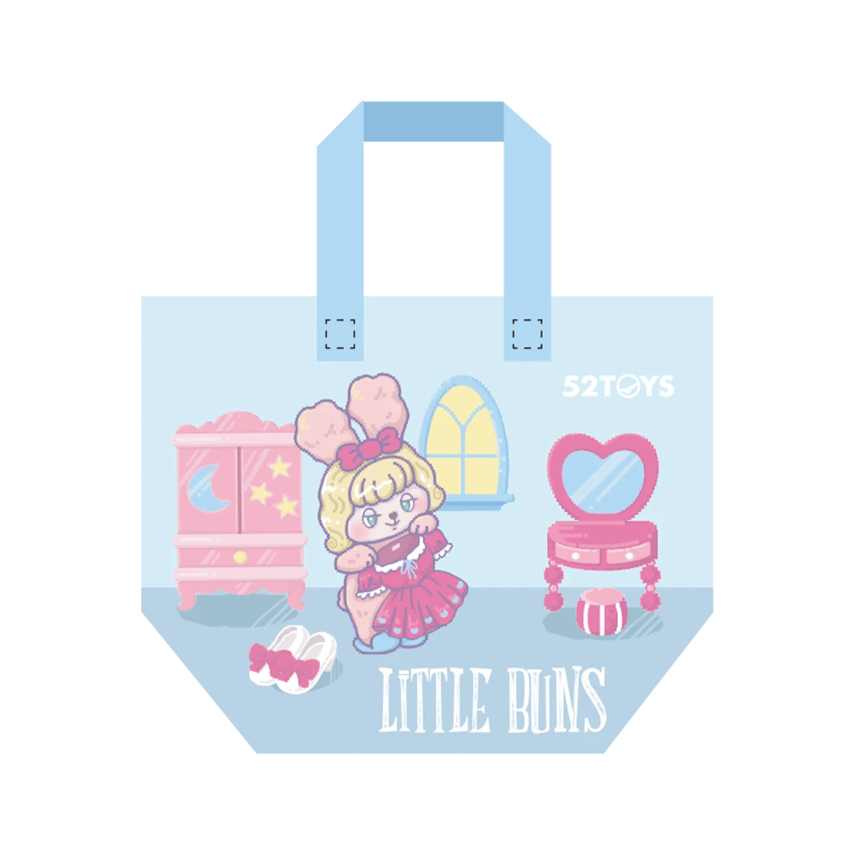 Little Buns small light-blue shopping bag with bunny character, wardrobe, shoes, and heart-shaped vanity