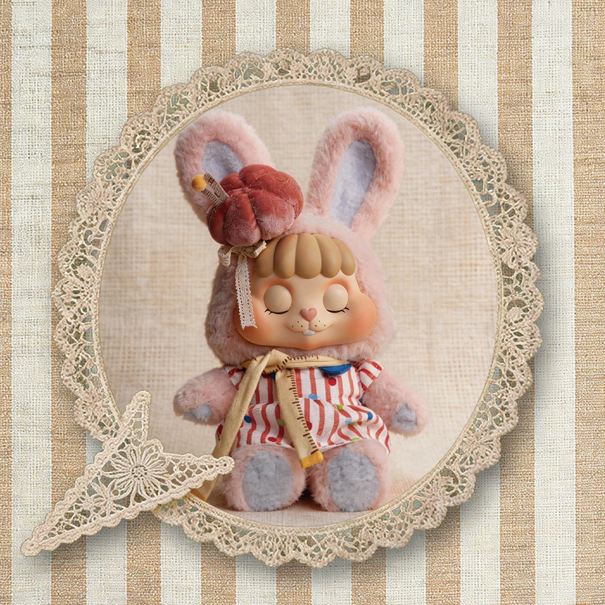 Tailor Bunny Bing sleeping in a lace frame while wearing the striped tailor outfit