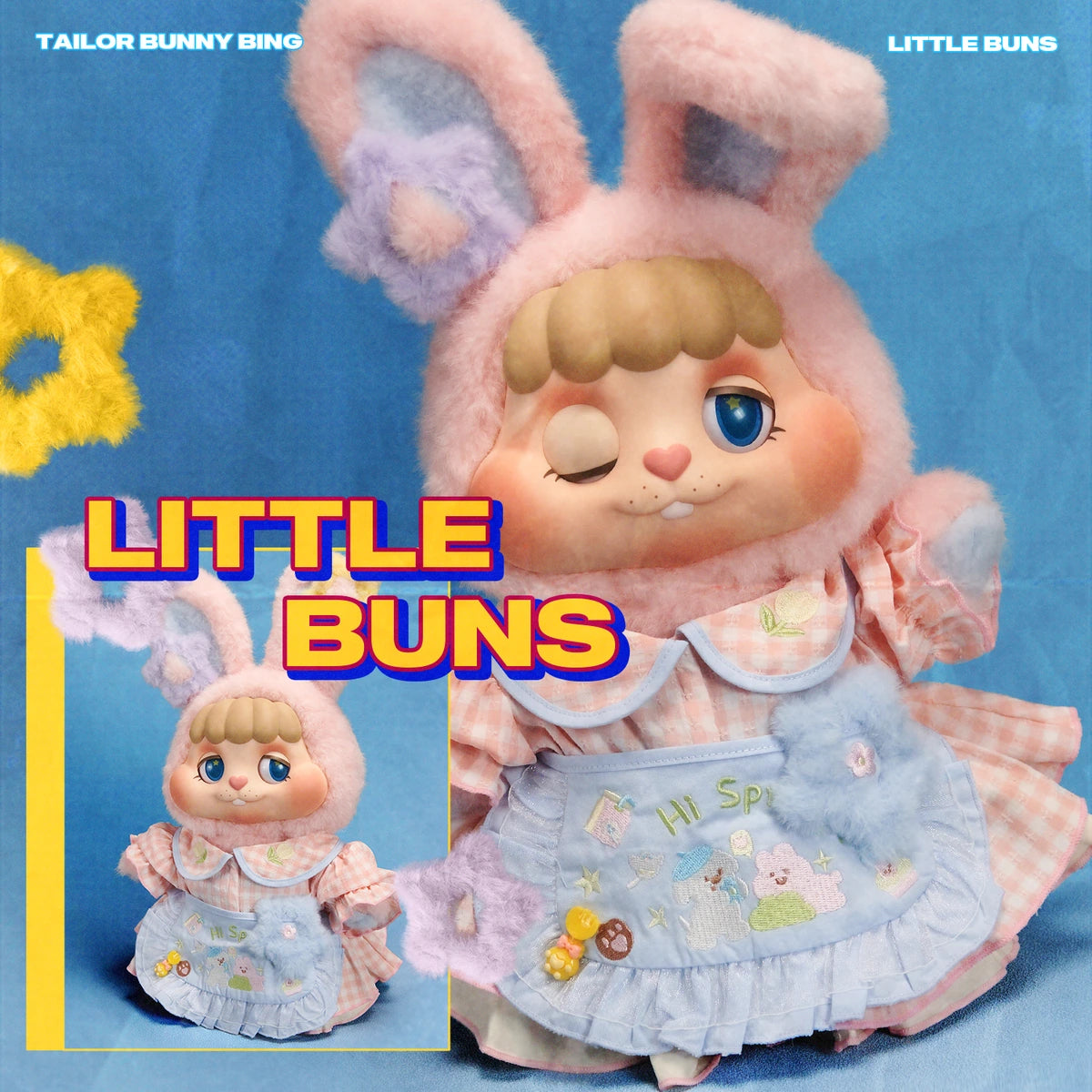 Tailor Bunny Bing plush sitting with eyes closed framed by lace doily, Little Buns