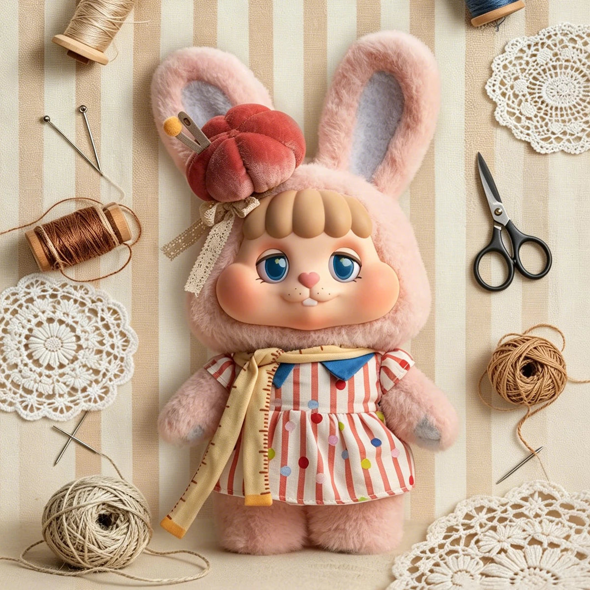 Tailor Bunny Bing plush figure in a striped sewing outfit surrounded by thread, scissors, and lace