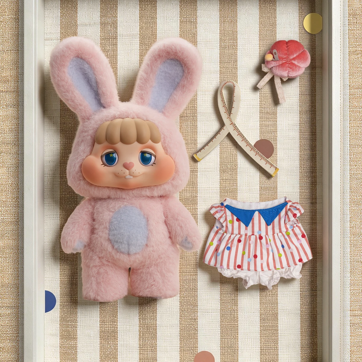 Tailor Bunny Bing plush figure beside its removable striped dress and flower hat accessory