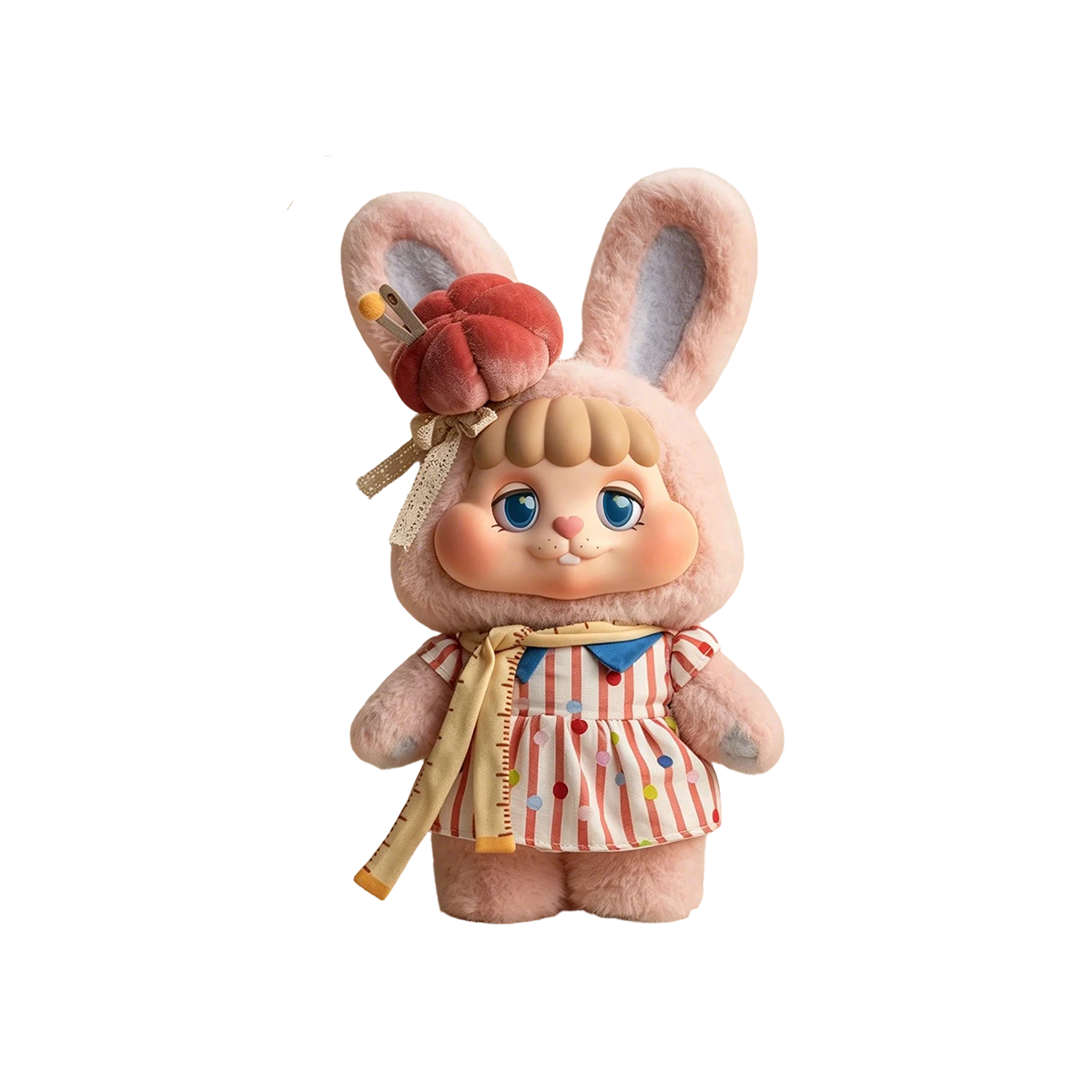 Tailor Bunny Bing pink plush in striped polka-dot dress with pincushion and tape-measure scarf, Little Buns by 52TOYS