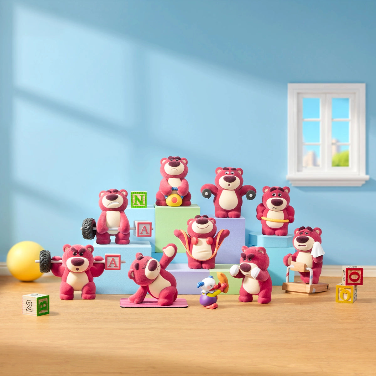 Complete Lotso Fitness lineup of eight exercise figures arranged with toy blocks