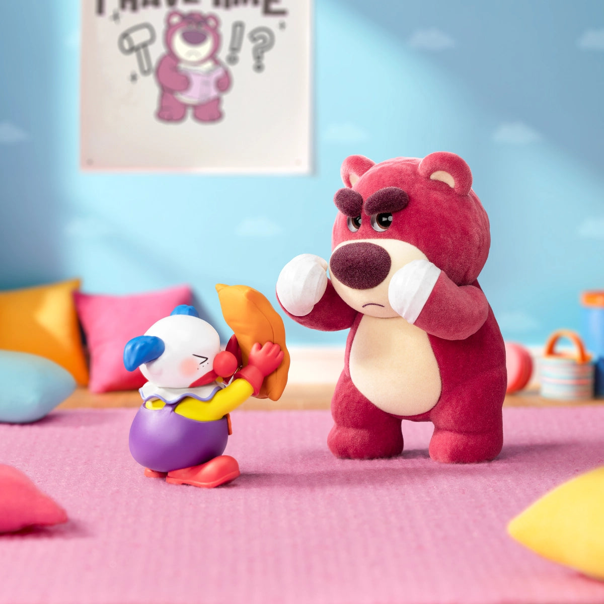 Lotso boxing figure training with Donald Duck in a colorful bedroom