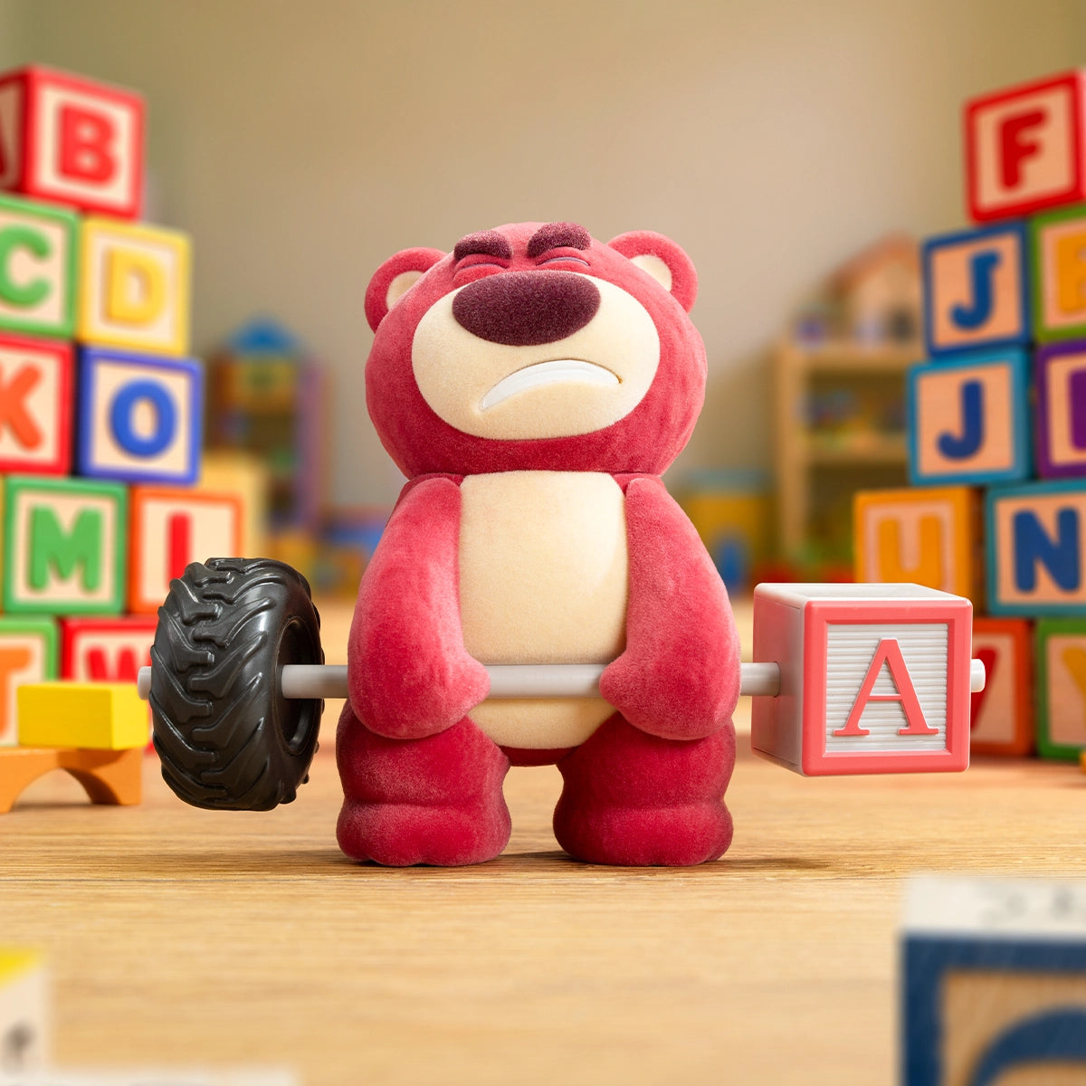 Tired Lotso Fitness figure standing beside a tire-and-block barbell