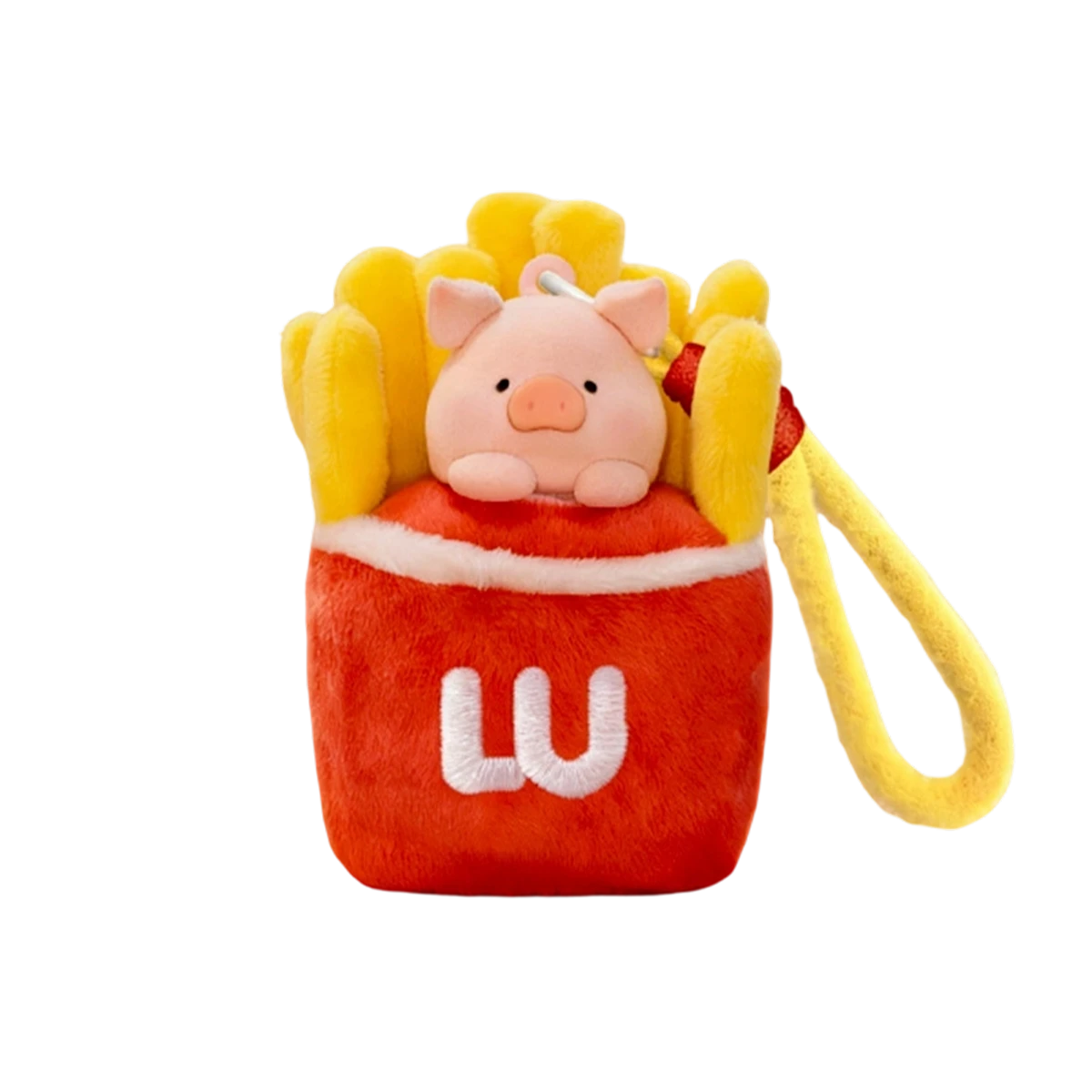French Fries pink LULU pig peeking from a red fries carton with white LU logo, Diet Nemesis plush keychain by 52TOYS