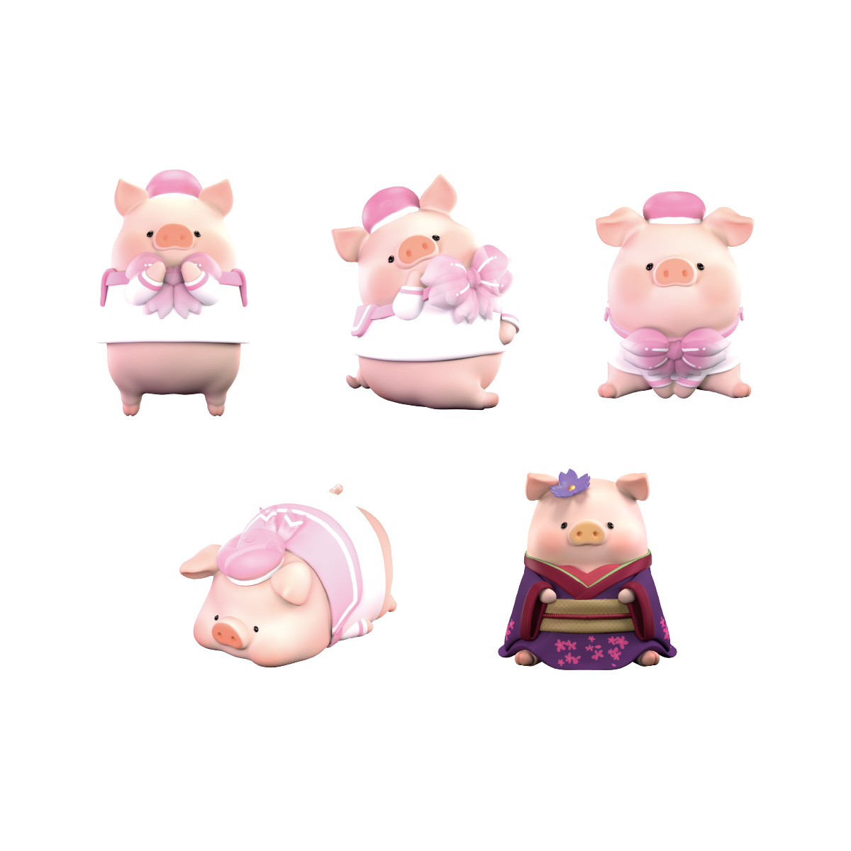 Full set of five sakura sailor Lulu the Piggy figures plus purple-kimono secret, Lulu in Bloom Sakura 2
