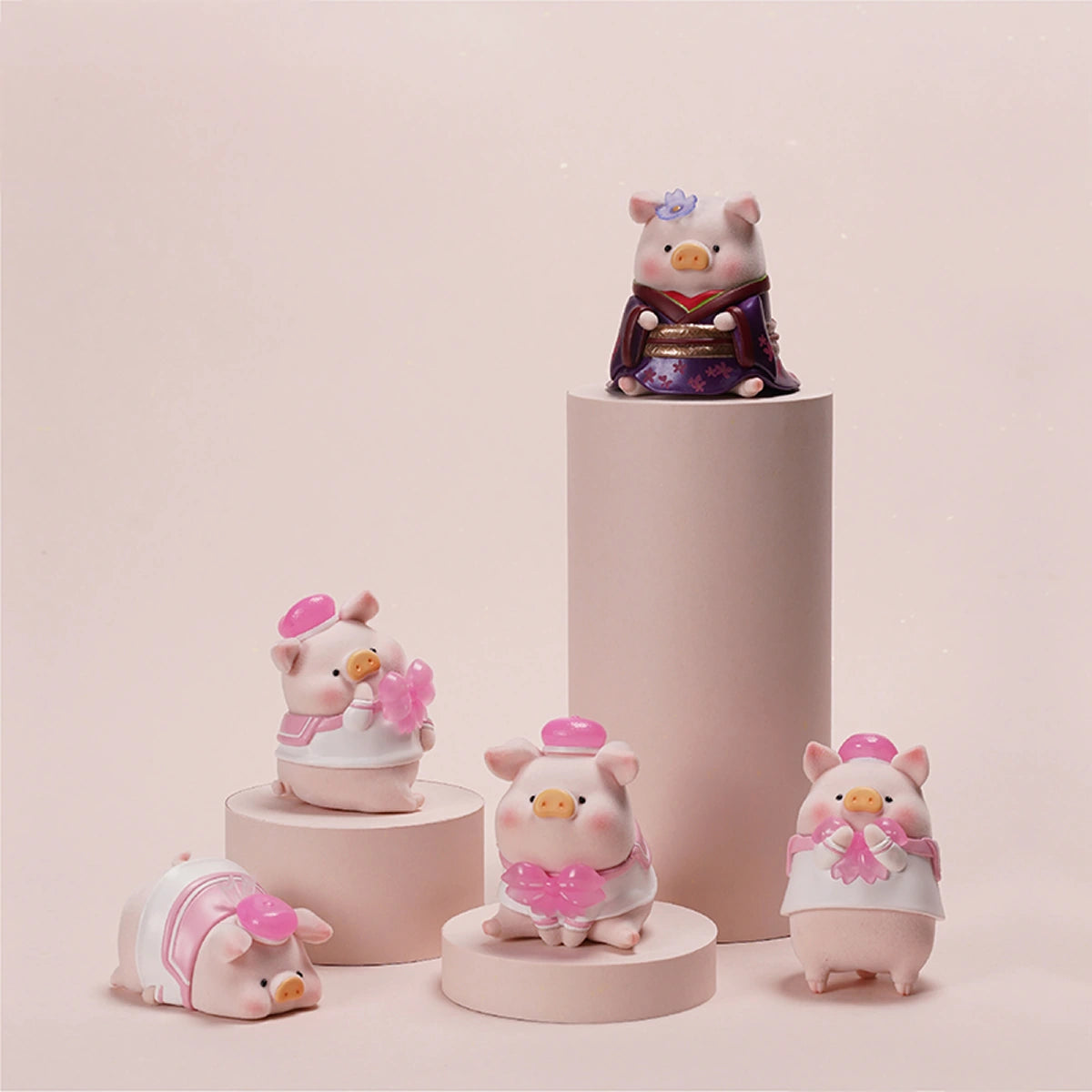 BLOSSOM piggy sleeping on its belly in pink-striped sailor outfit with sakura ornament, Lulu in Bloom Sakura 2