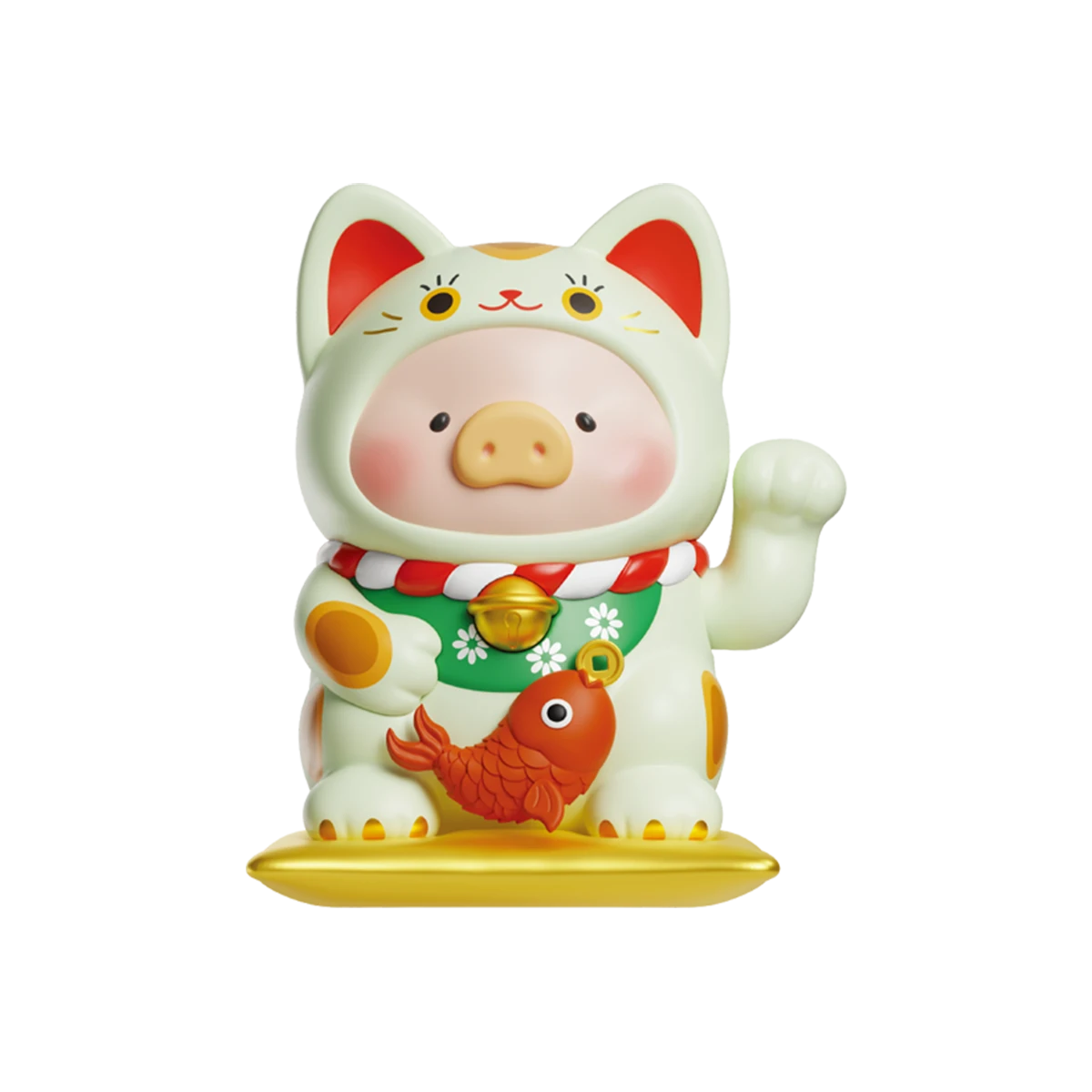 Fortune Ally Cat blue-speckled lucky-cat pig with gold bell on red cushion, LuLu the Piggy Lucky Cat