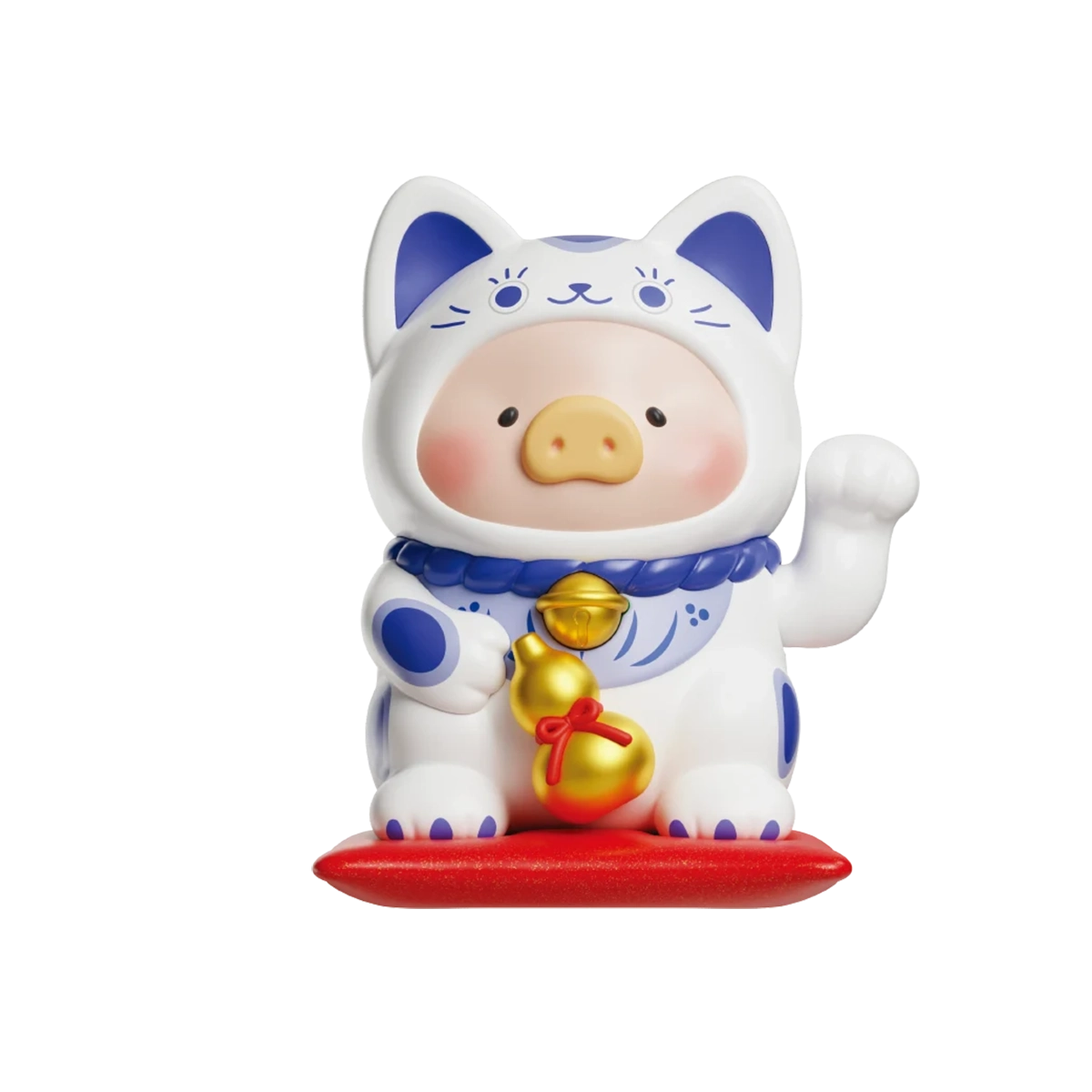 Rising Path Cat blue lucky-cat pig holding a gold fortune money bag, LuLu the Piggy Lucky Cat