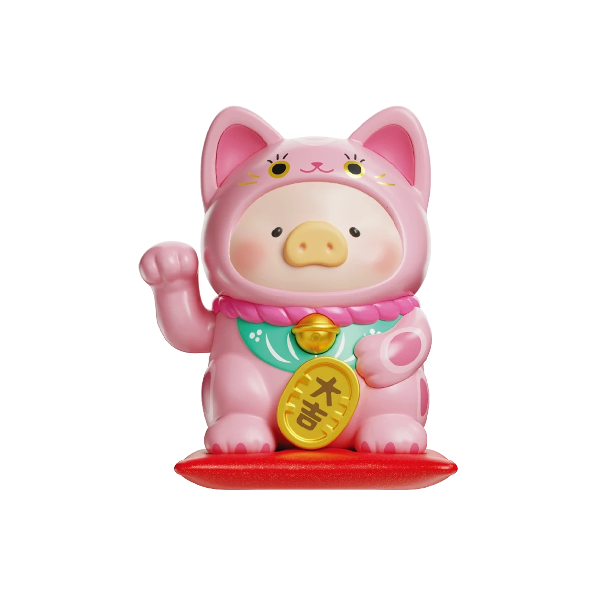 Smart Victory Cat purple lucky-cat pig with raised paw and profit coin, LuLu the Piggy Lucky Cat
