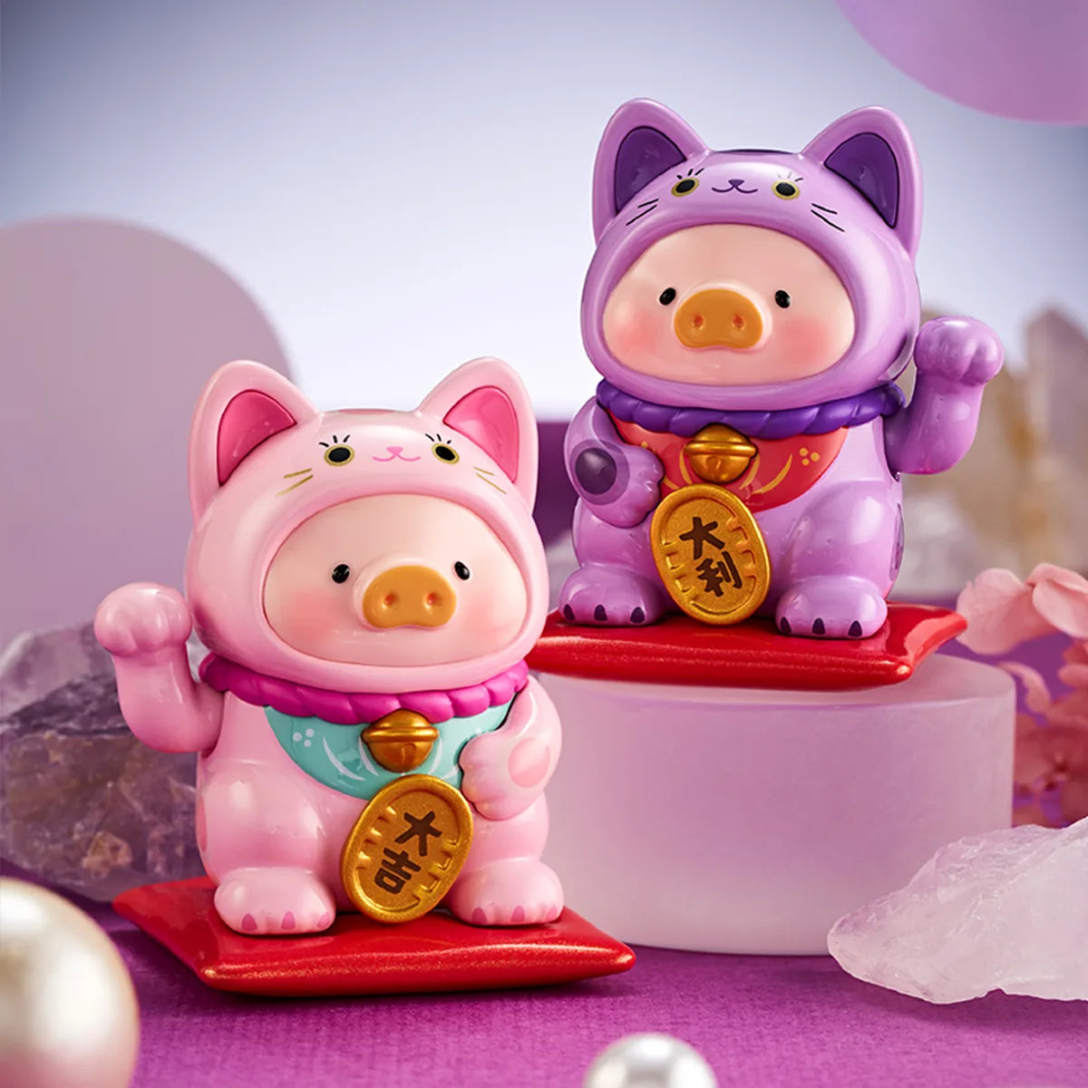Rising Path blue and Wellbeing Guardian green lucky-cat pigs with fortune bags, LuLu the Piggy