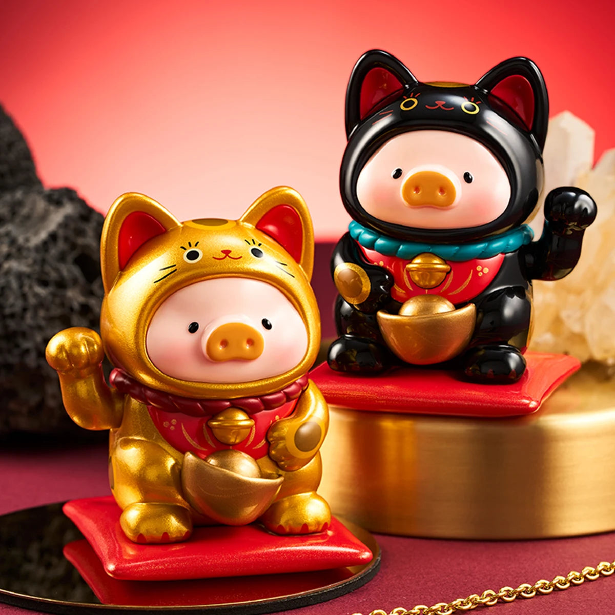 Blessed Koi red and Shadow Guard cream lucky-cat pigs holding red koi fish, LuLu the Piggy Lucky Cat