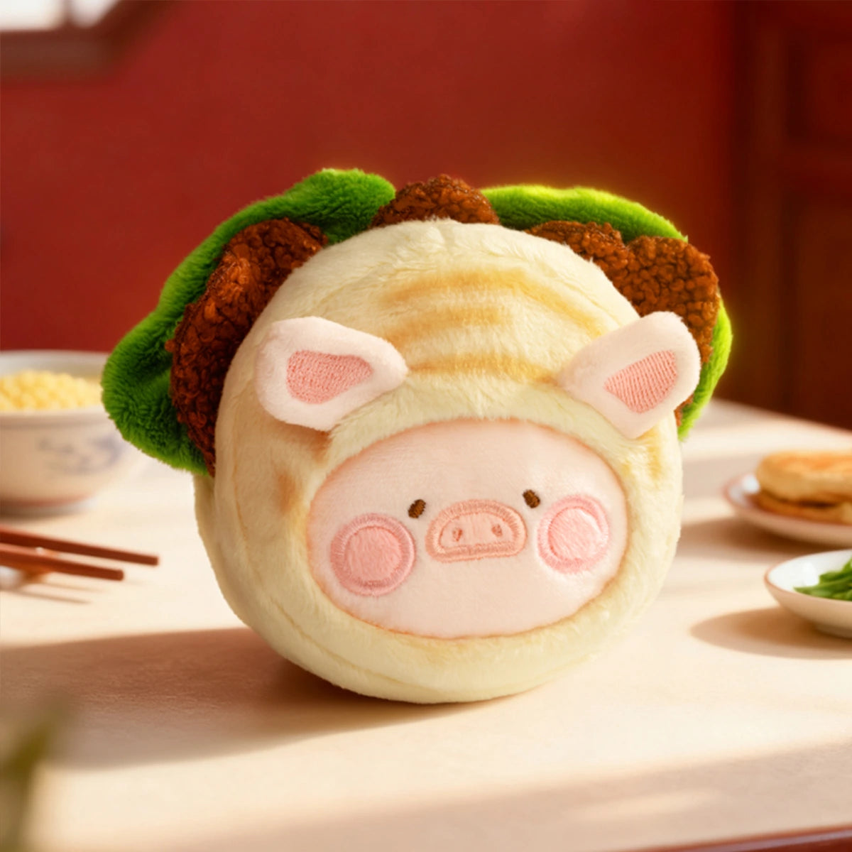 Mini Roujiamo piggy nestled in a green lettuce wrap, secret Lulu The Piggy Food Hunter