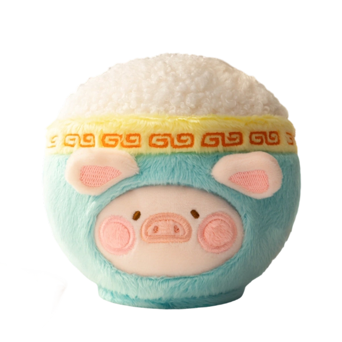 No Rice No Life piggy in a teal bowl topped with a mound of white rice, Lulu The Piggy Food Hunter