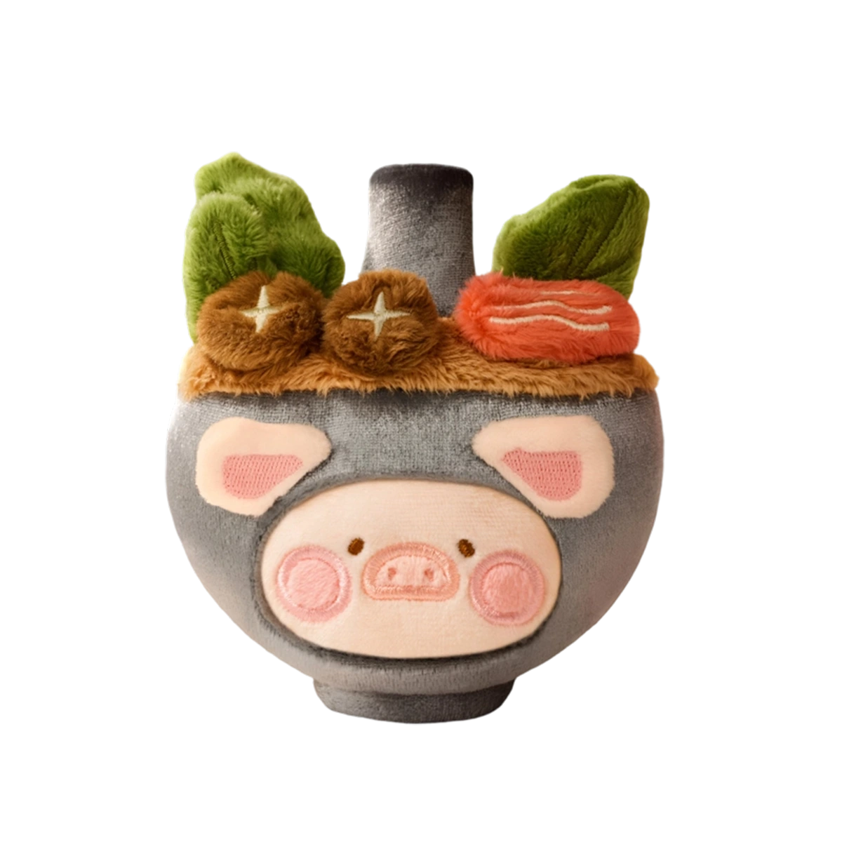 Mini Hot Pot piggy in a grey pot with green vegetables and toppings, secret Lulu The Piggy Food Hunter