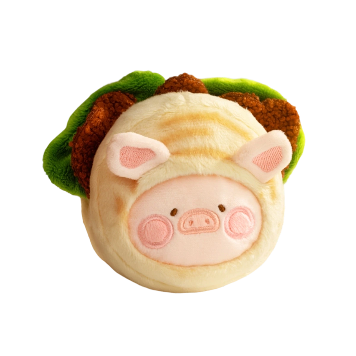 Mini Roujiamo piggy nestled in a green lettuce wrap with toppings, secret Lulu The Piggy Food Hunter