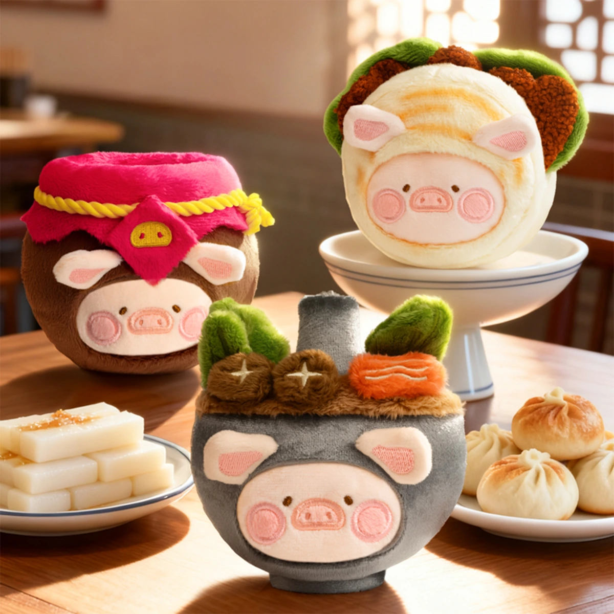 Wine Jar, baozi and hot pot piggy plush keychains on a wooden table, Lulu The Piggy Food Hunter