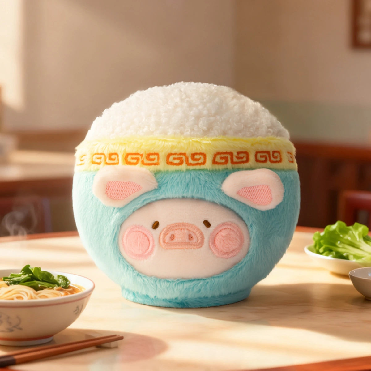 No Rice No Life piggy in a teal bowl topped with white rice, Lulu The Piggy Food Hunter