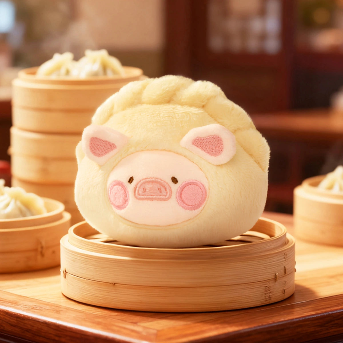 Stuffed Baozi piggy as a pleated steamed bun on a bamboo steamer, Lulu The Piggy Food Hunter