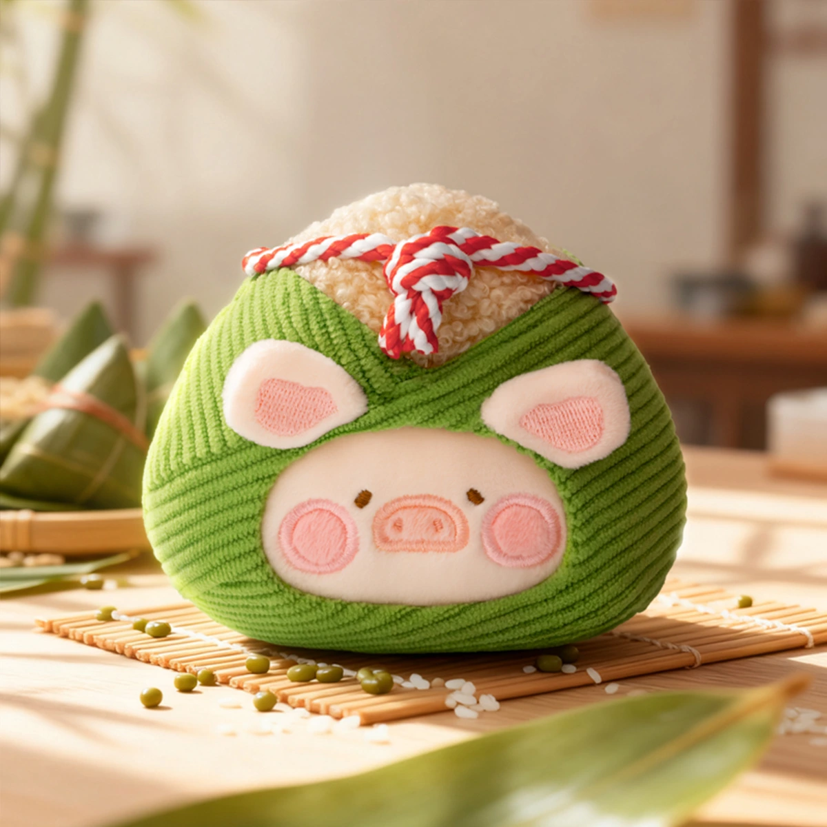 Zero Calories Zong piggy as a green bamboo-leaf zongzi on a mat with mung beans, Lulu The Piggy Food Hunter