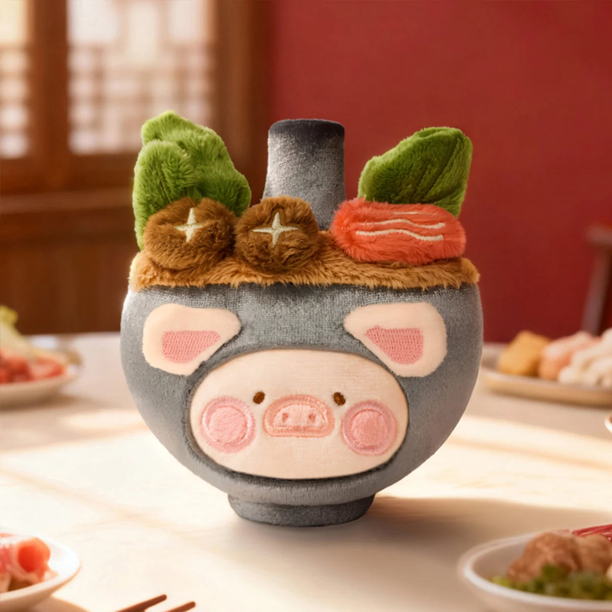 Mini Hot Pot piggy in a grey pot with greens and toppings, secret Lulu The Piggy Food Hunter