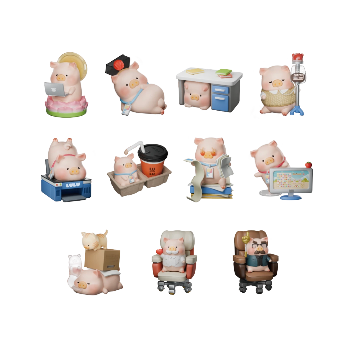 Full set of all LuLu Piggy Office flocked figures acting out workplace scenes, blind box