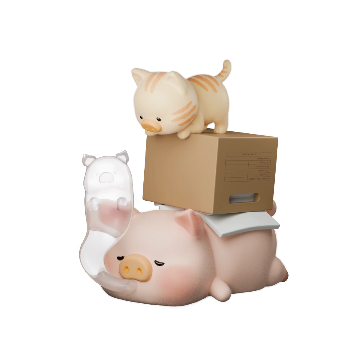 Slow Snail special LuLu piggy in clear snail shell with a tabby kitten on a box, LuLu Piggy Office