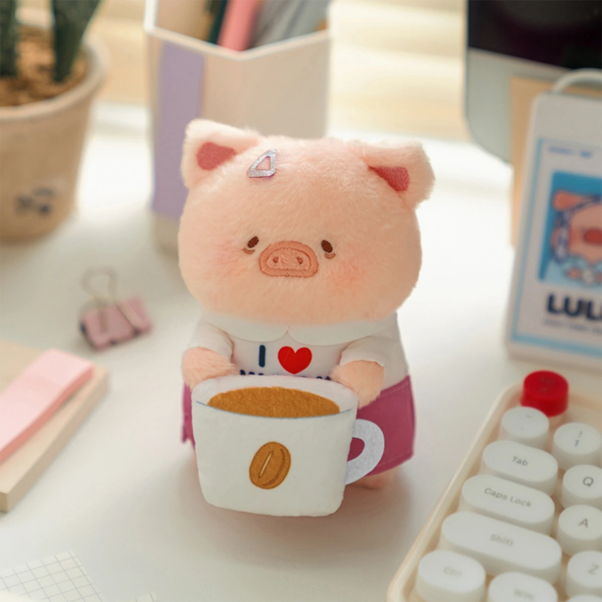 Coffee Break Lu piggy plush keychain in I love top holding a coffee cup, LuLu Piggy Office
