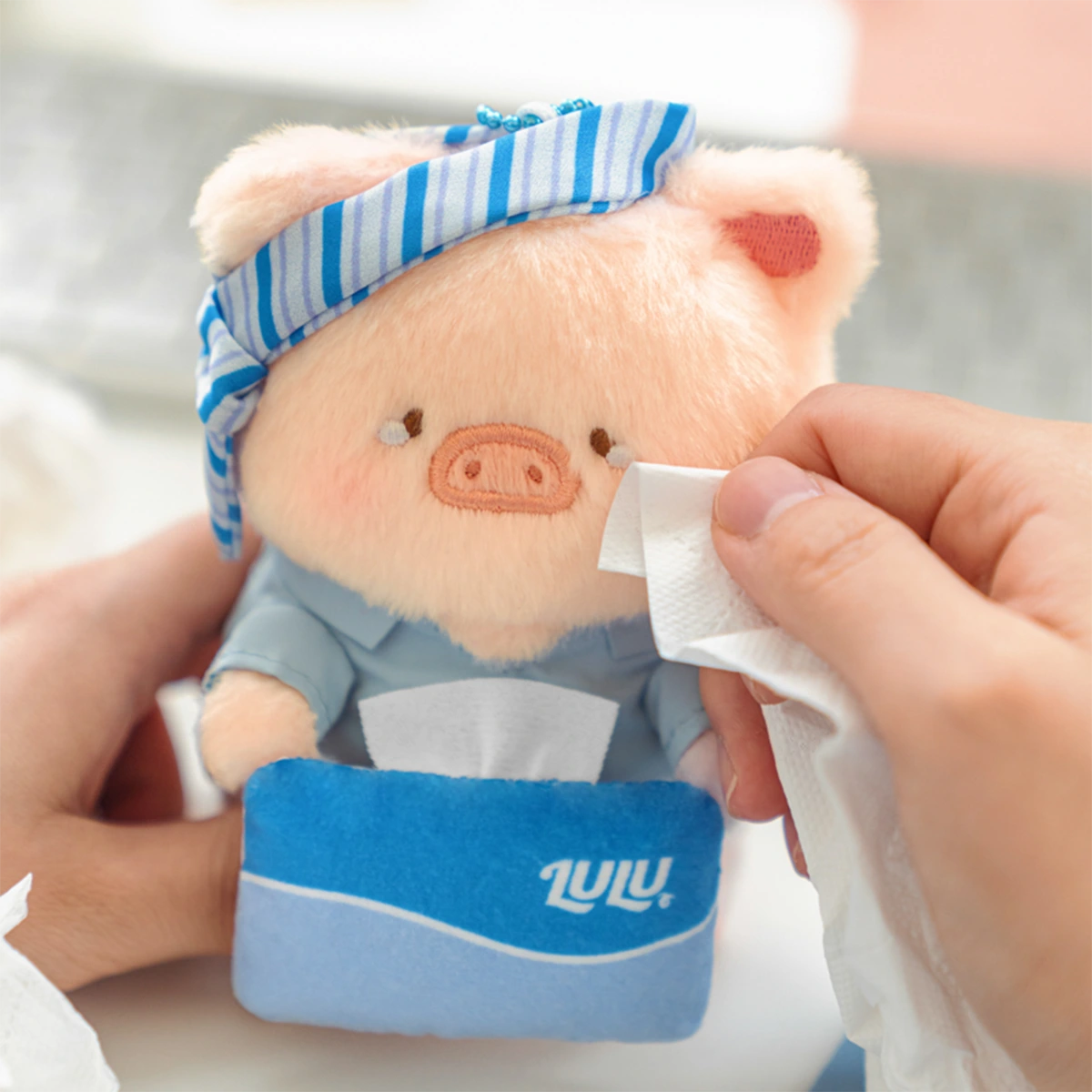 Going To Pieces Lu piggy plush keychain with towel headband and LULU tissue box, LuLu Piggy Office