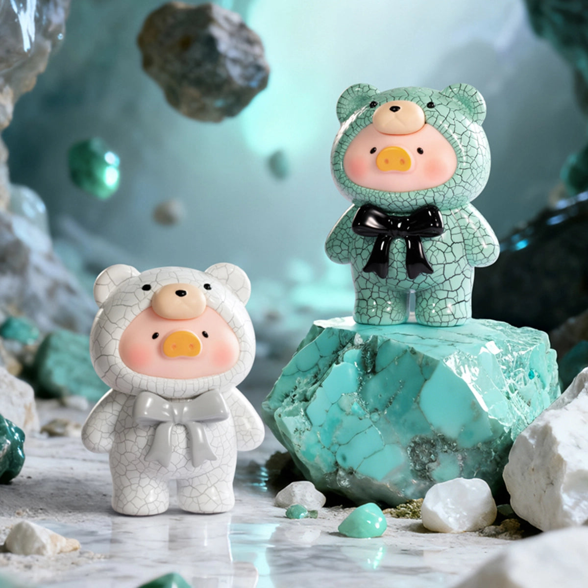 White Turquoise and Turquoise crackle-textured Lulu piggy figures on a turquoise stone, Ore Collection