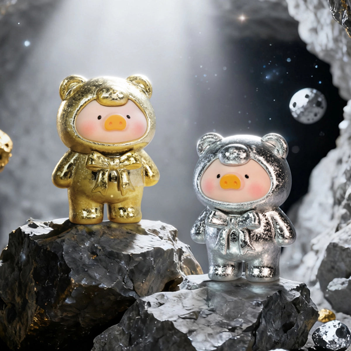 Golden Meteorite and Silver Meteorite frosted metallic Lulu piggy figures on rock, Ore Collection