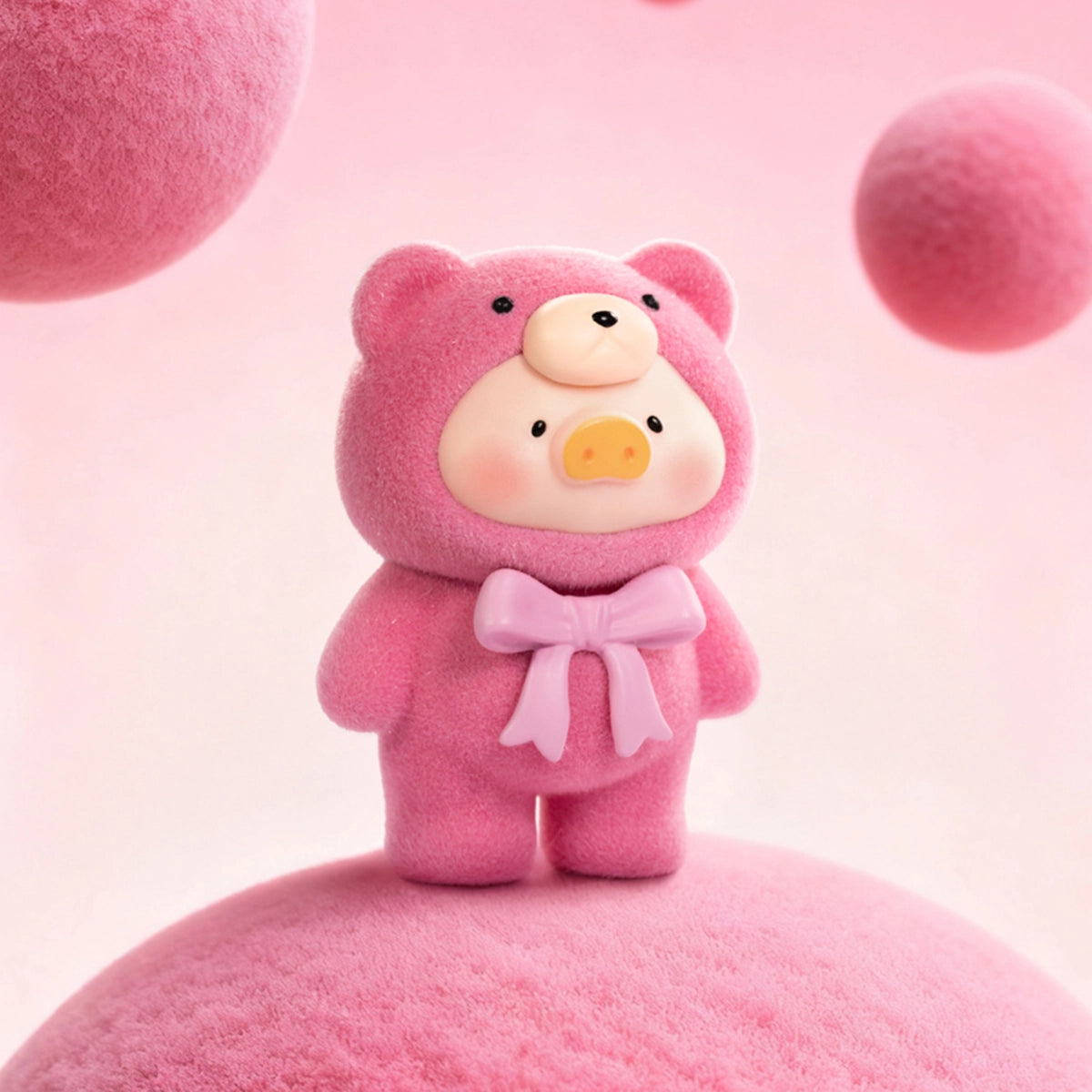Rhodochrosite flocked hot-pink Lulu piggy figure with pink bow, Teddy Mini Ore Collection