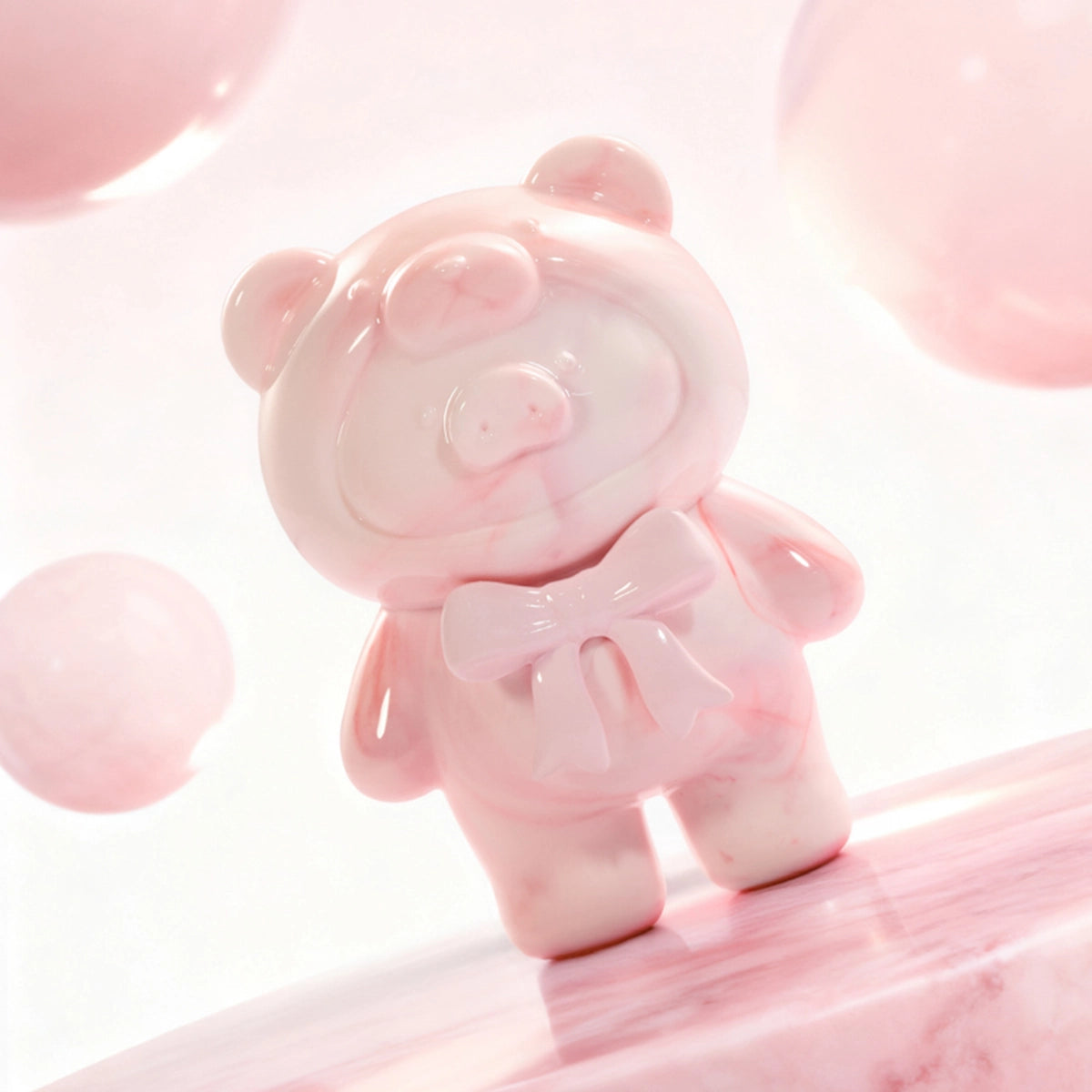 Rose Quartz glossy pink marbled Lulu piggy figure among pink spheres, Teddy Mini Ore Collection