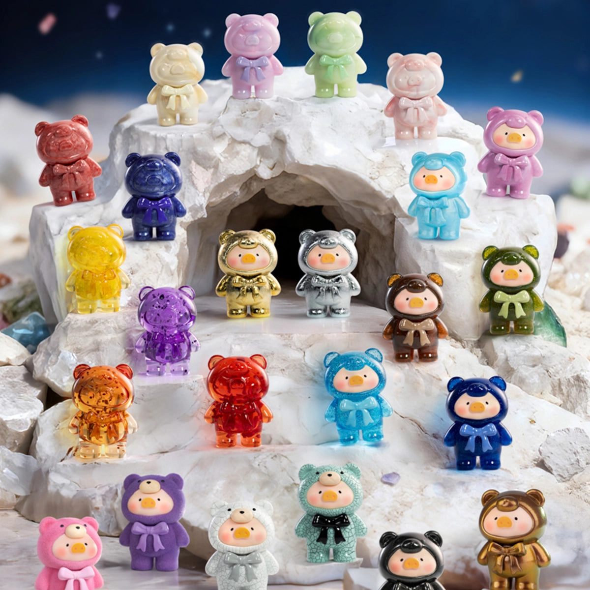 Full lineup of mineral and gemstone Lulu piggy figures on snowy crystal rocks, Ore Collection