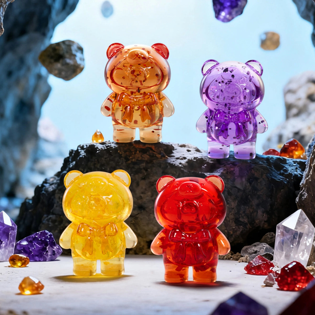 Amber, Amethyst, Sunstone and Red Super Seven translucent Lulu piggy figures on rock, Ore Collection
