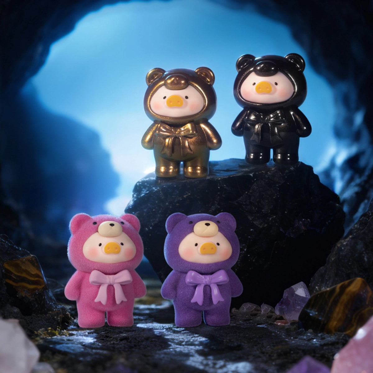 Tiger's Eye gold, Hawk's Eye black, Rhodochrosite pink and purple flocked Lulu piggy figures, Ore Collection