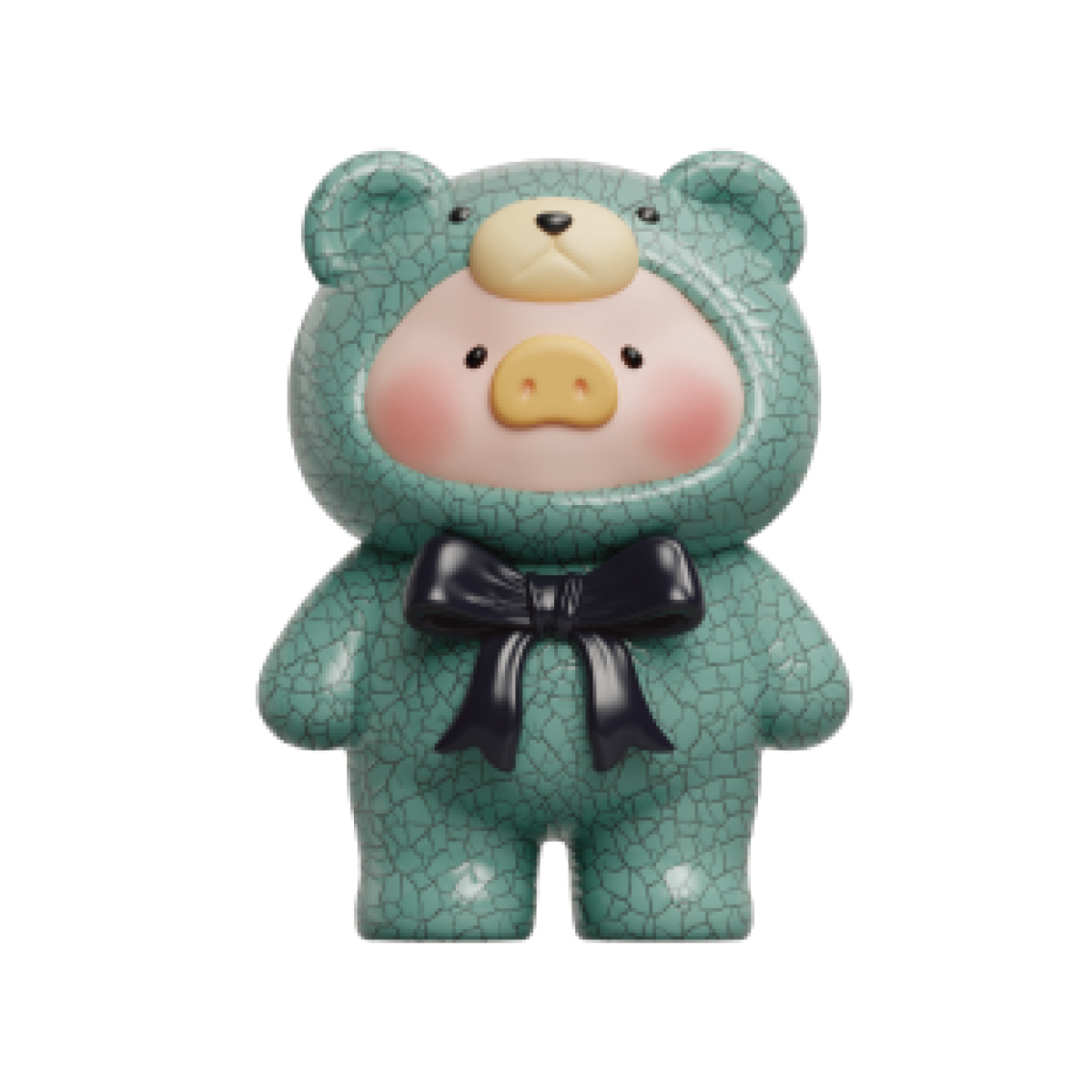 Turquoise crackle-textured teddy-hooded Lulu piggy figure with black bow, Teddy Mini Ore Collection by 52TOYS