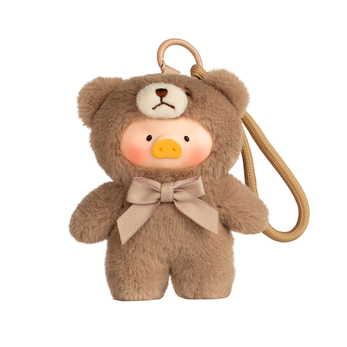 Tan Dune teddy-hooded Lulu piggy charm with a beige bow, Teddy Mini Whispers of Nature