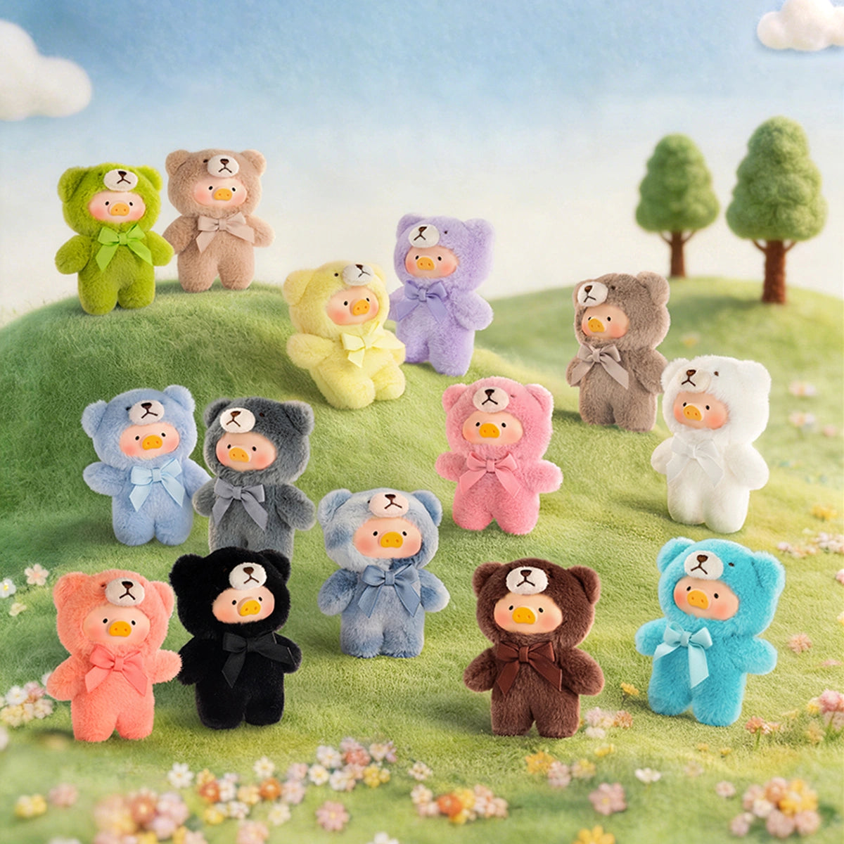 Full set of Lulu piggy teddy charms on a flowery green hill, Whispers of Nature