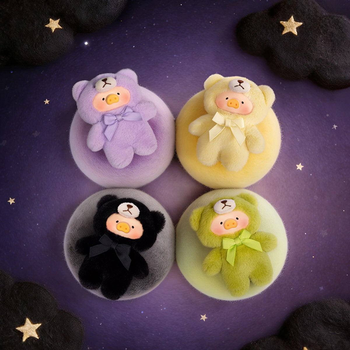 Purple Sky, Moonlight yellow, Darkness black and Grass Lulu teddy charms in a night sky, Whispers of Nature