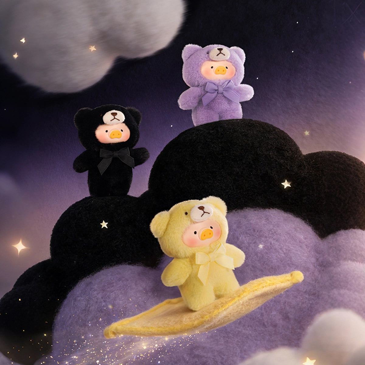 Darkness black, Purple Sky and Moonlight yellow Lulu teddy charms among starry clouds, Whispers of Nature