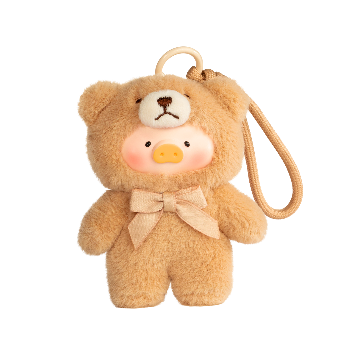 Dune tan teddy-hooded Lulu piggy charm with beige bow, Teddy Mini Whispers of Nature by 52TOYS