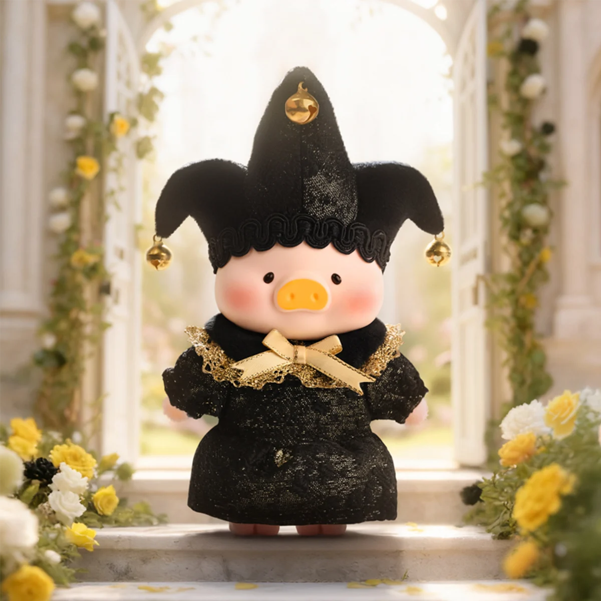 Infatuation Angel piggy in black jester outfit with gold bow, Lulu The Piggy Triangel