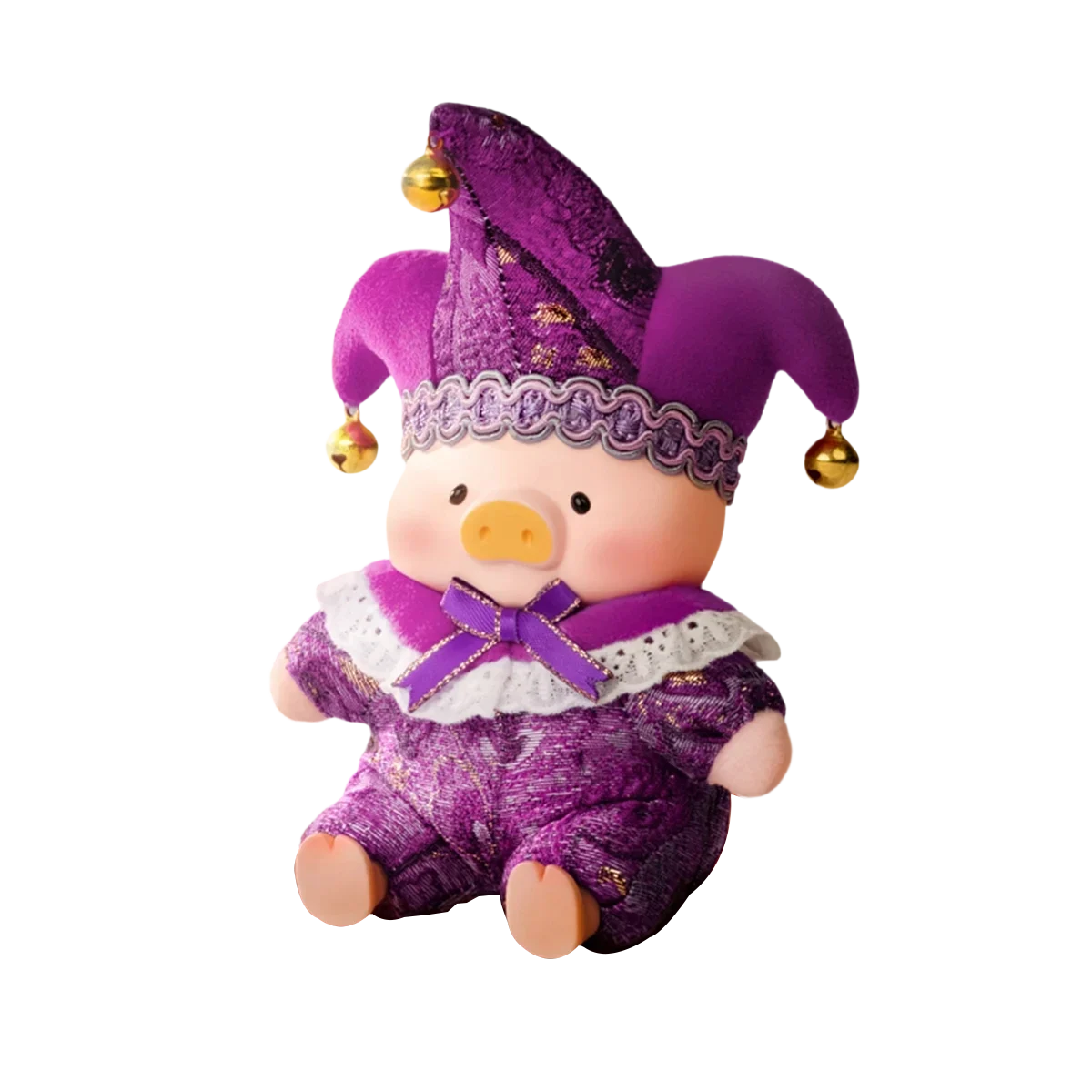 Waiting Angel piggy in purple jester outfit with gold bells, Lulu The Piggy Triangel