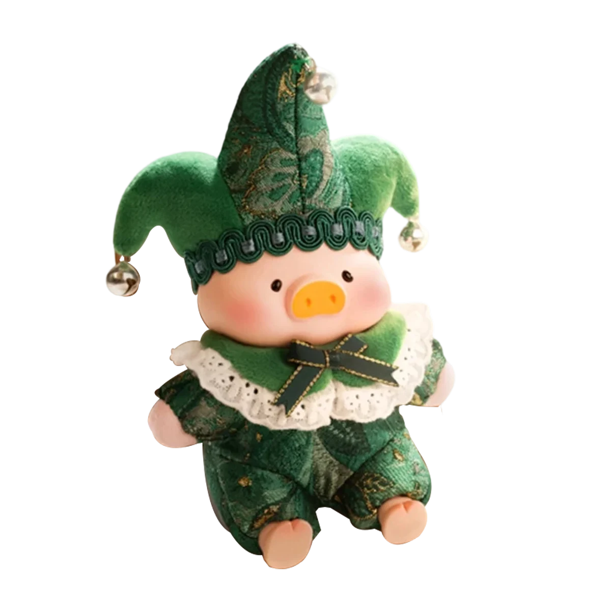 Acceptance Angel piggy in green jester outfit with dark bow, Lulu The Piggy Triangel